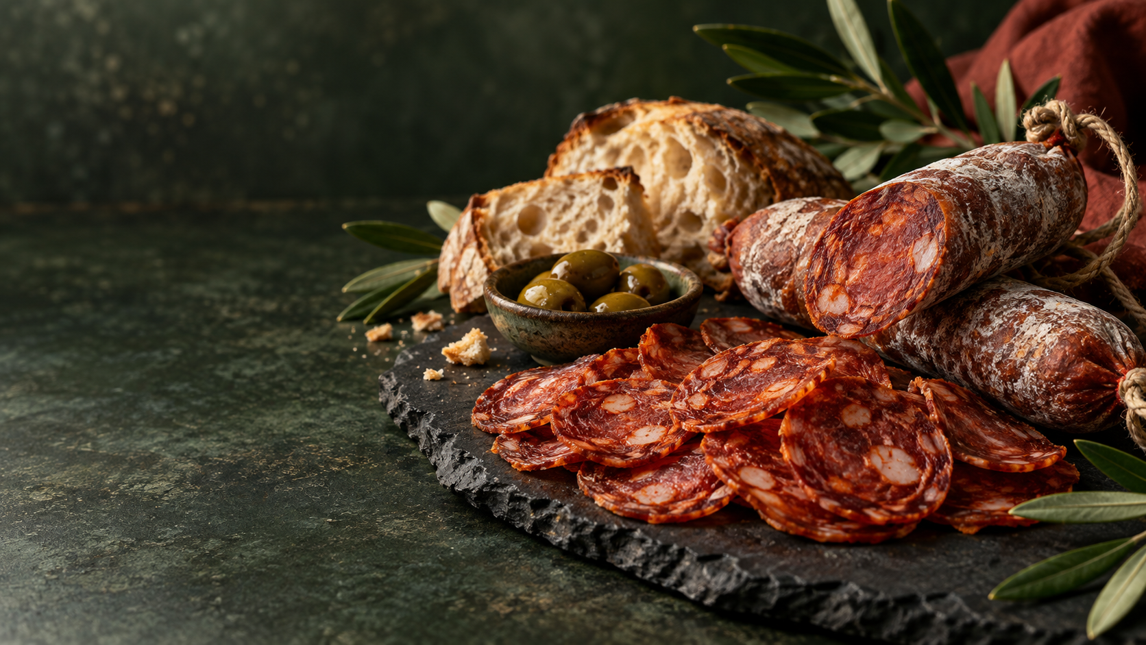 Sliced cured chorizo and whole charcuterie links on a serving board